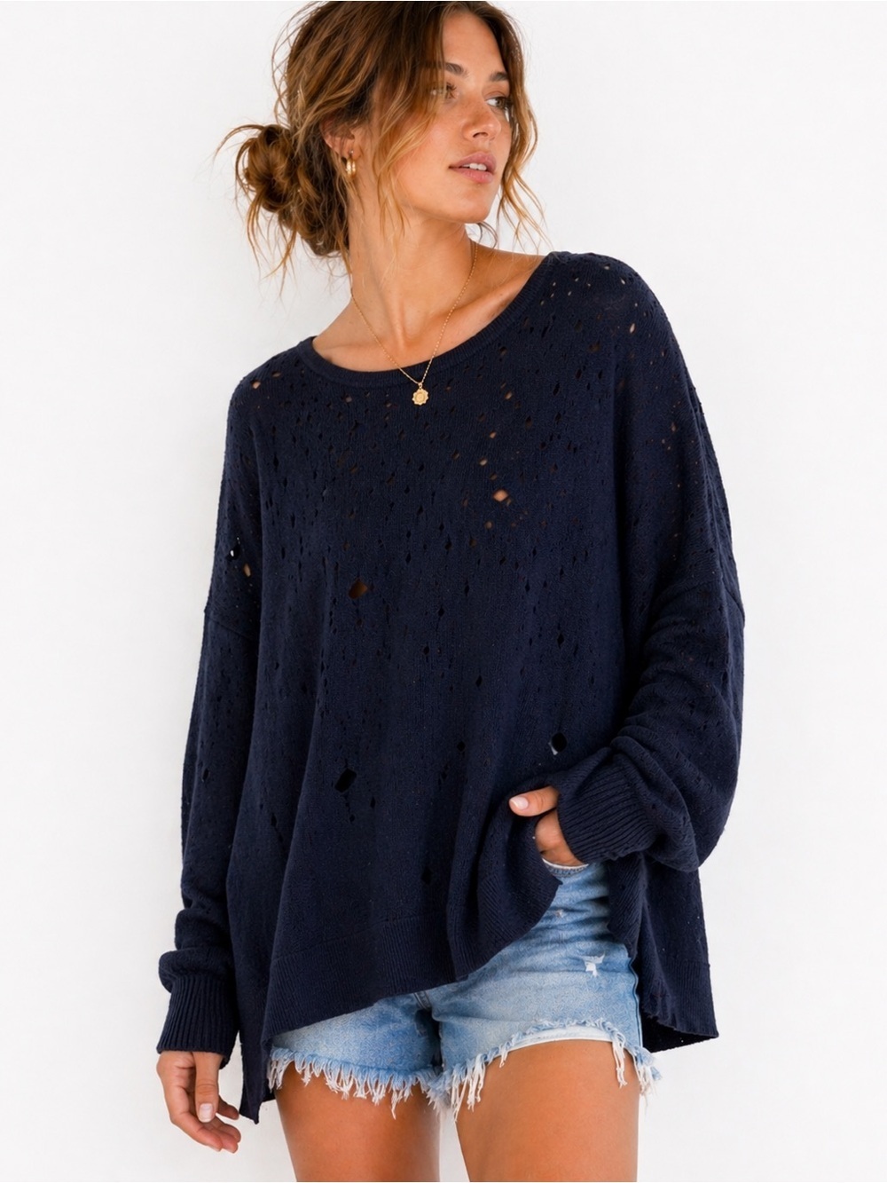 Planet by Lauren G Distressed Pima Cotton Sweater Navy Oversized One Size